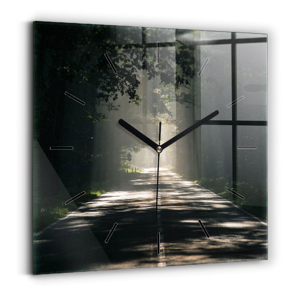 Square glass wall clock Forest road and streaks of sunlight