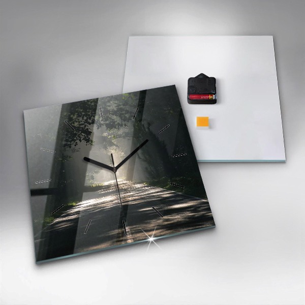 Square glass wall clock Forest road and streaks of sunlight