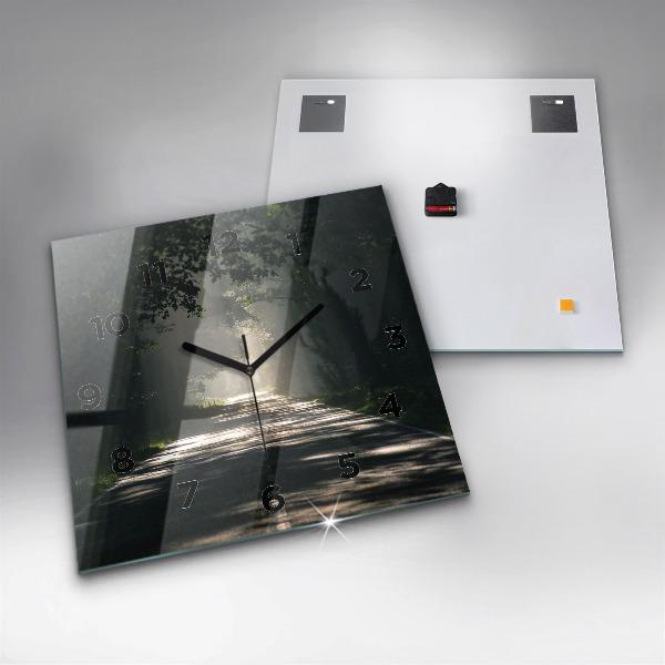 Square glass wall clock Forest road and streaks of sunlight