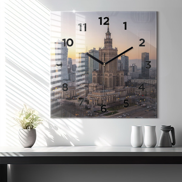 Square glass wall clock Panorama of Warsaw