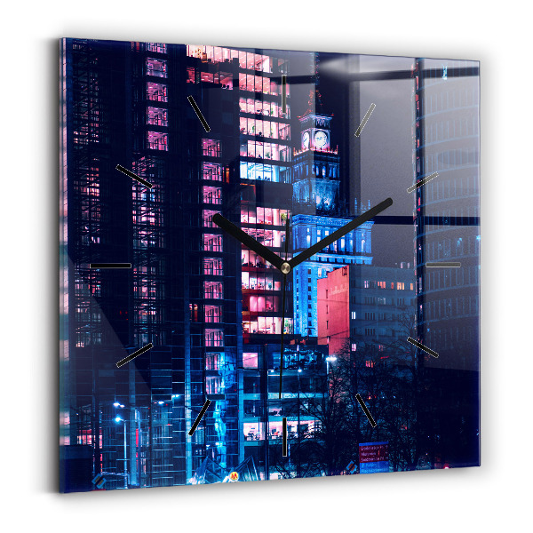 Square glass wall clock Warsaw at night