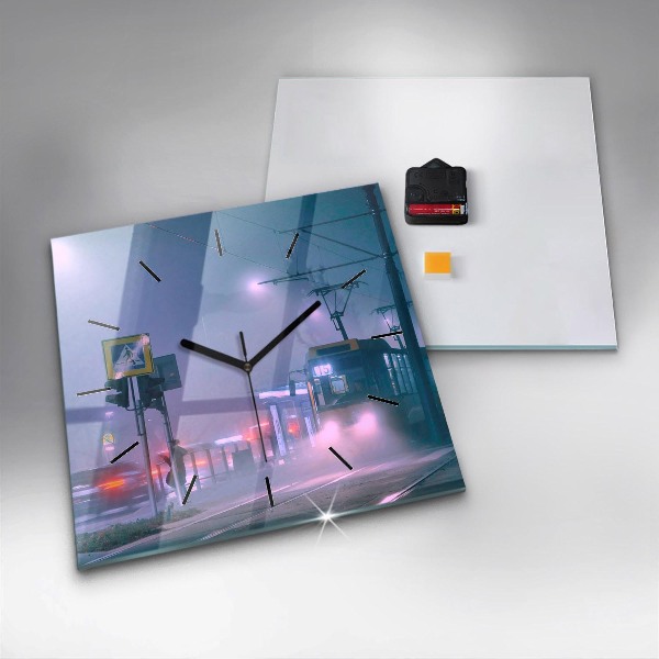 Square glass wall clock Warsaw in the fog