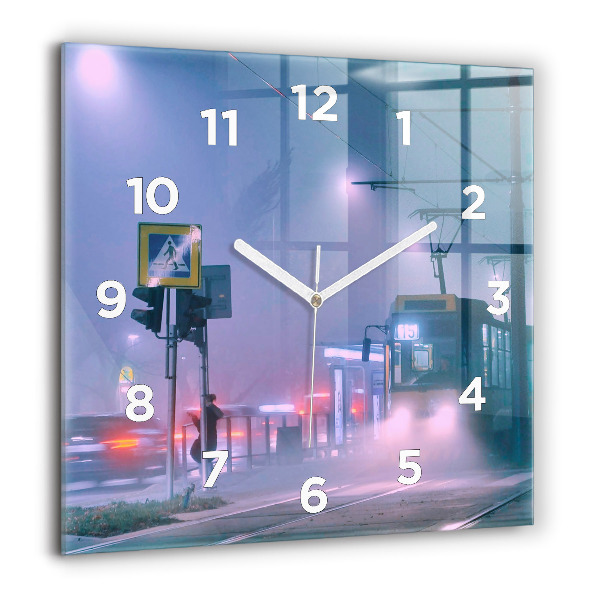 Square glass wall clock Warsaw in the fog