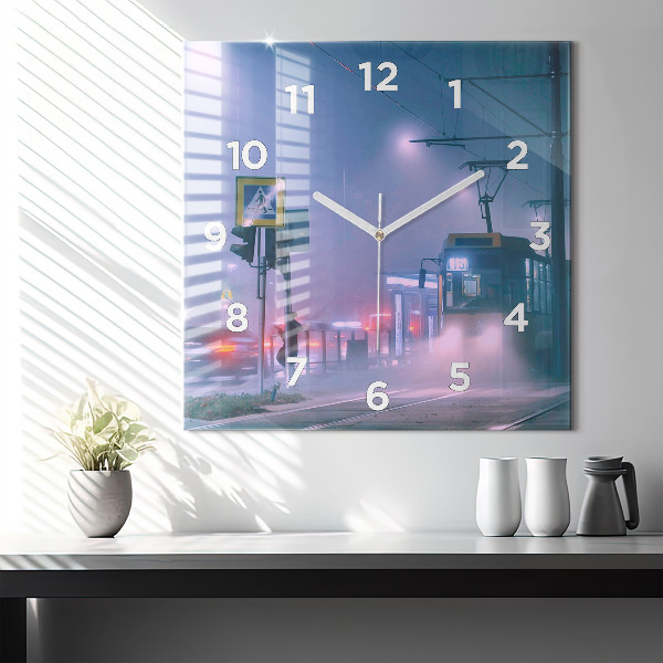 Square glass wall clock Warsaw in the fog