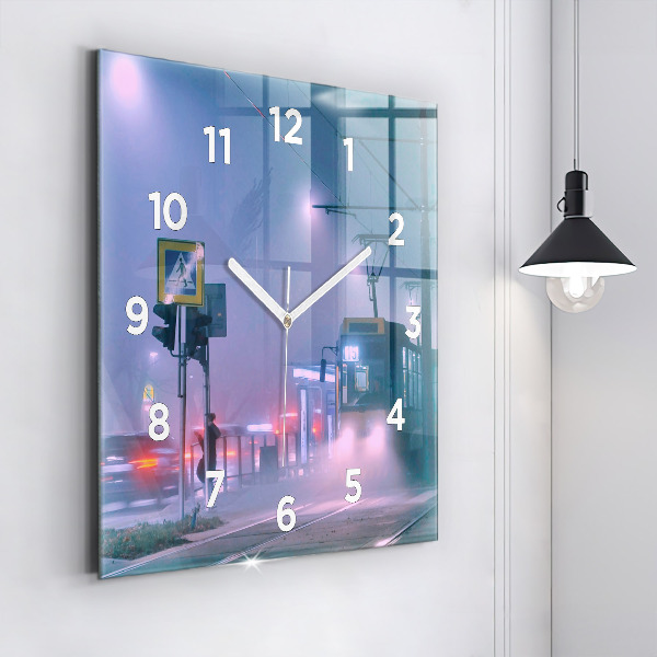 Square glass wall clock Warsaw in the fog