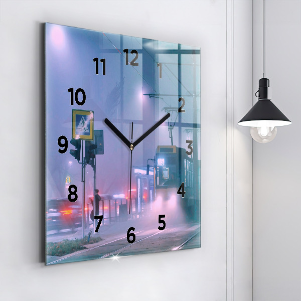 Square glass wall clock Warsaw in the fog
