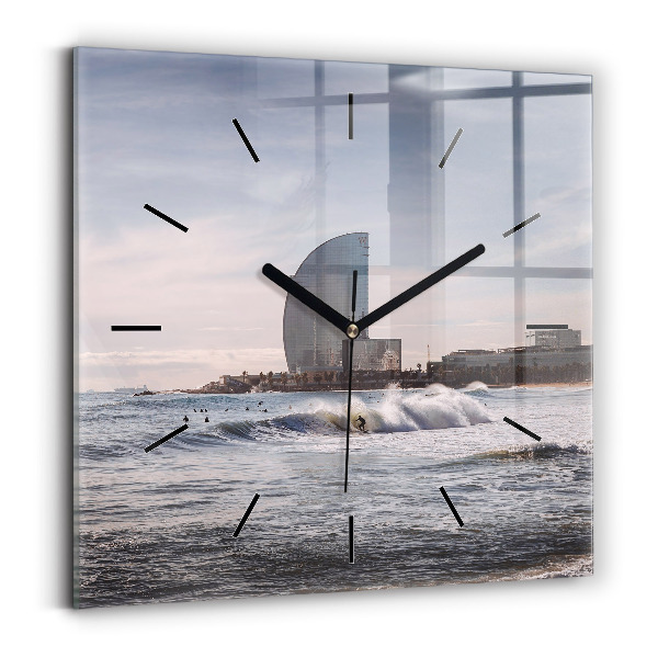 Square glass wall clock Barcelona Surfer