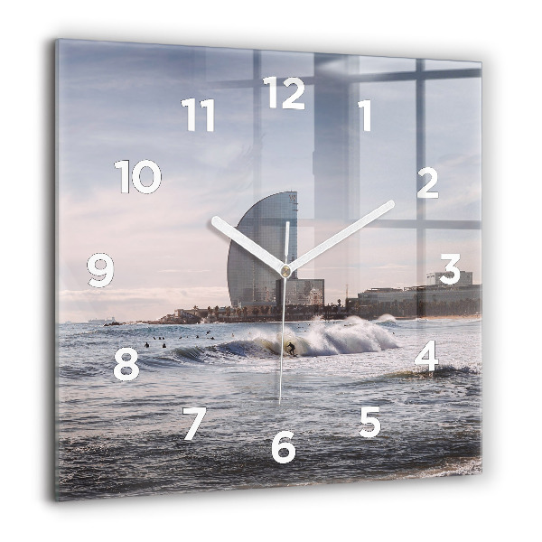 Square glass wall clock Barcelona Surfer
