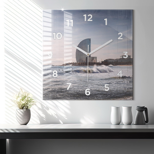 Square glass wall clock Barcelona Surfer