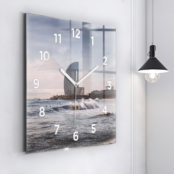 Square glass wall clock Barcelona Surfer