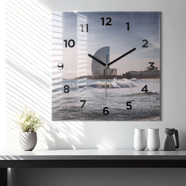 Square glass wall clock Barcelona Surfer
