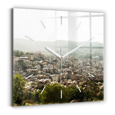 Square glass wall clock Barcelona view Montjuic