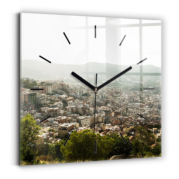 Square glass wall clock Barcelona view Montjuic