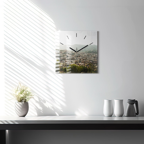 Square glass wall clock Barcelona view Montjuic