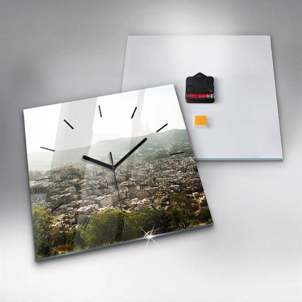 Square glass wall clock Barcelona view Montjuic
