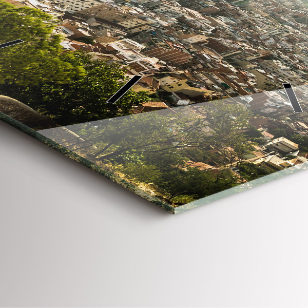 Square glass wall clock Barcelona view Montjuic