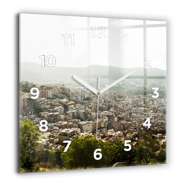 Square glass wall clock Barcelona view Montjuic