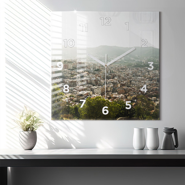 Square glass wall clock Barcelona view Montjuic