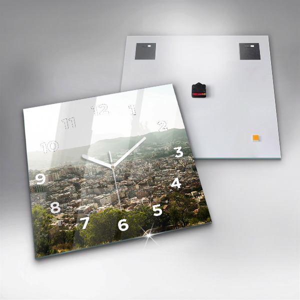 Square glass wall clock Barcelona view Montjuic