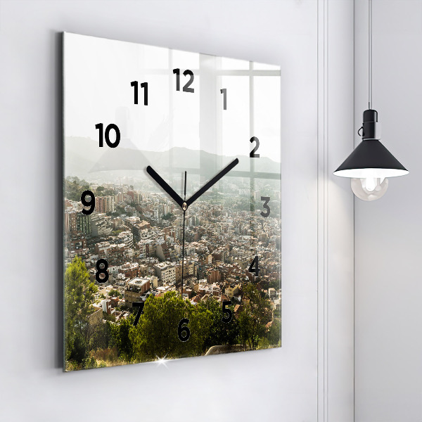Square glass wall clock Barcelona view Montjuic