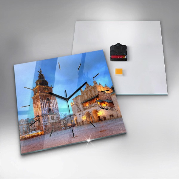 Square glass wall clock Main Market Square in Krakow