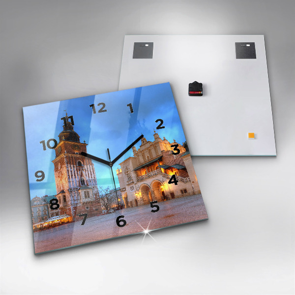 Square glass wall clock Main Market Square in Krakow