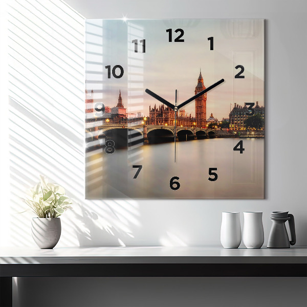 Square glass wall clock Big Ben London panorama