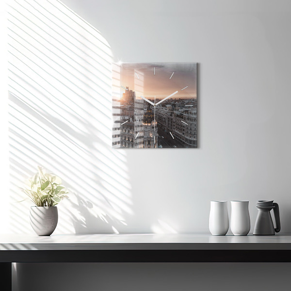 Square glass wall clock Cities at sunset