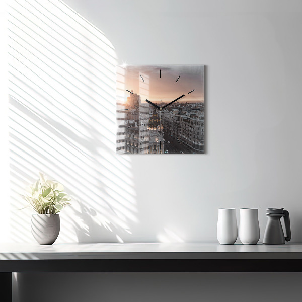 Square glass wall clock Cities at sunset
