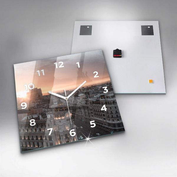 Square glass wall clock Cities at sunset