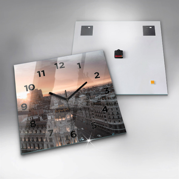 Square glass wall clock Cities at sunset