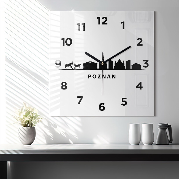 Square glass wall clock Poznan panorama graphics