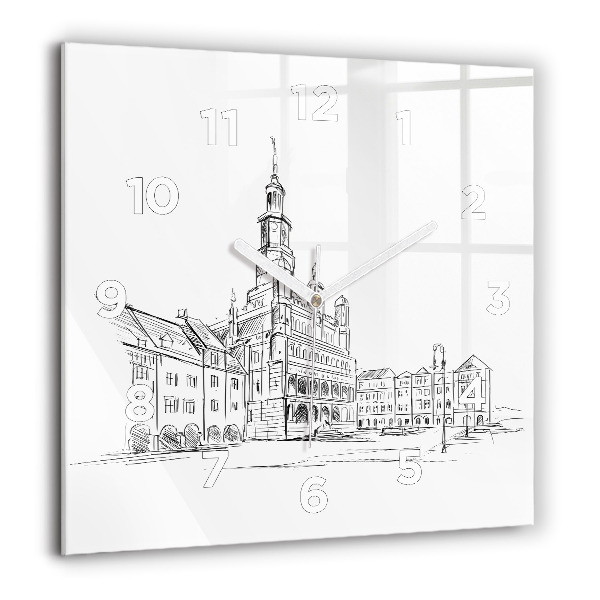 Square glass wall clock Sketch of the old town of Poznań