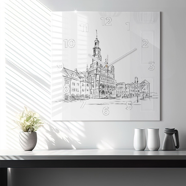 Square glass wall clock Sketch of the old town of Poznań