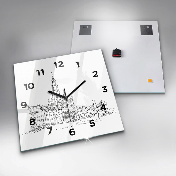 Square glass wall clock Sketch of the old town of Poznań