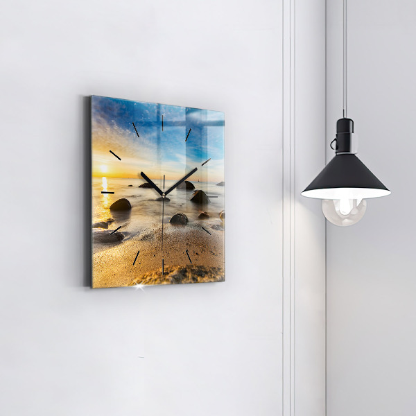 Square glass wall clock Sunrise Baltic Sea