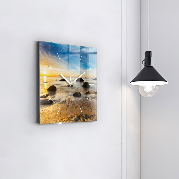 Square glass wall clock Sunrise Baltic Sea