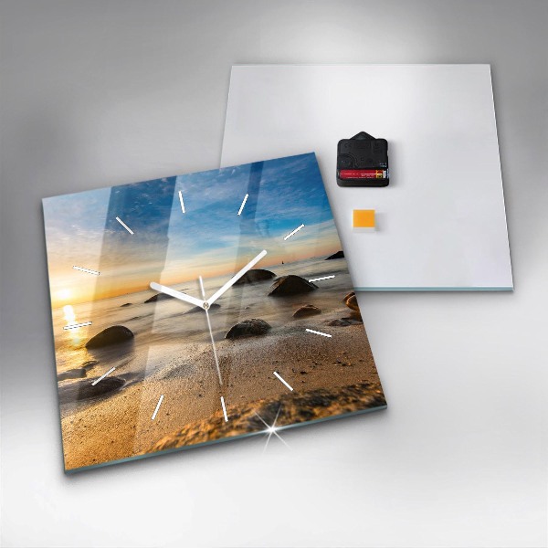 Square glass wall clock Sunrise Baltic Sea