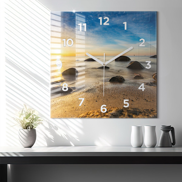 Square glass wall clock Sunrise Baltic Sea