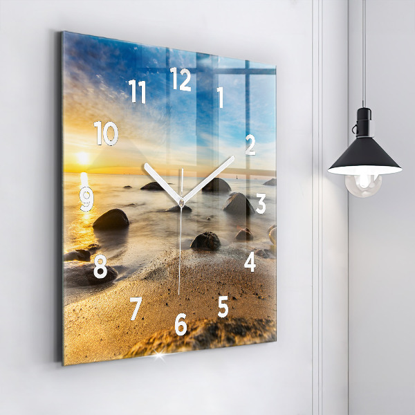 Square glass wall clock Sunrise Baltic Sea