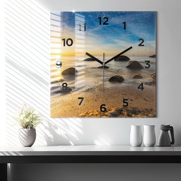 Square glass wall clock Sunrise Baltic Sea