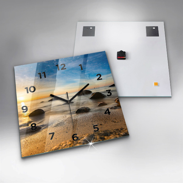 Square glass wall clock Sunrise Baltic Sea