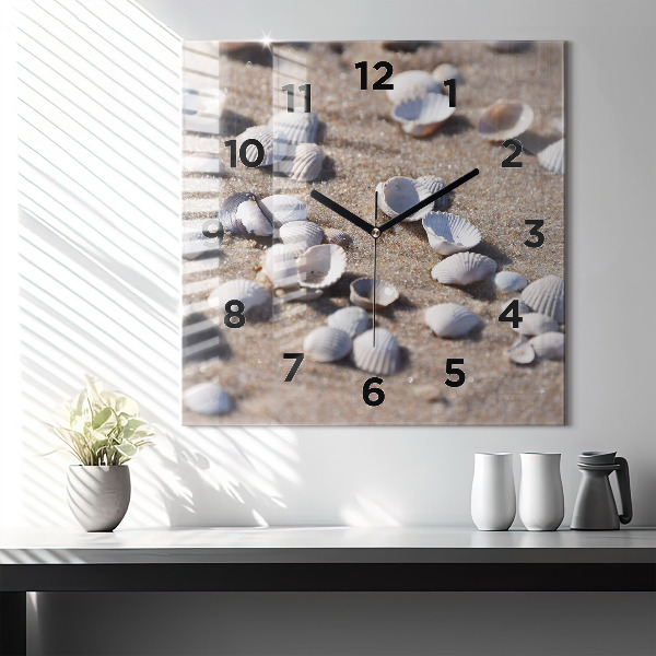 Square glass wall clock Seashells on the beach