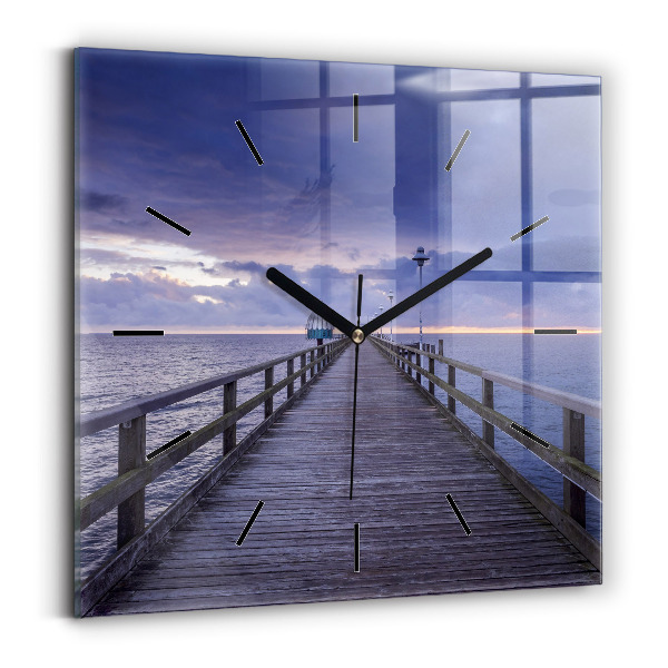 Square glass wall clock Pier on the Baltic Sea