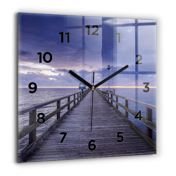 Square glass wall clock Pier on the Baltic Sea