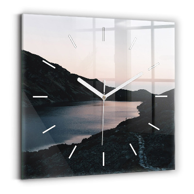 Square glass wall clock Lake and mountains