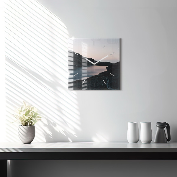 Square glass wall clock Lake and mountains