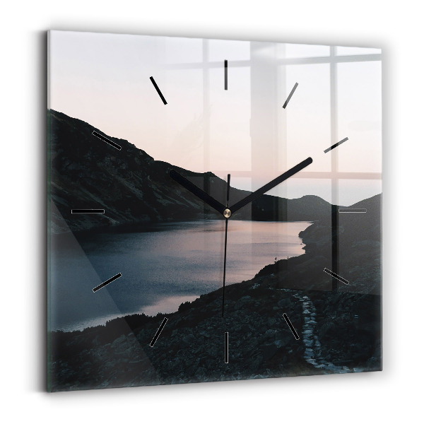 Square glass wall clock Lake and mountains