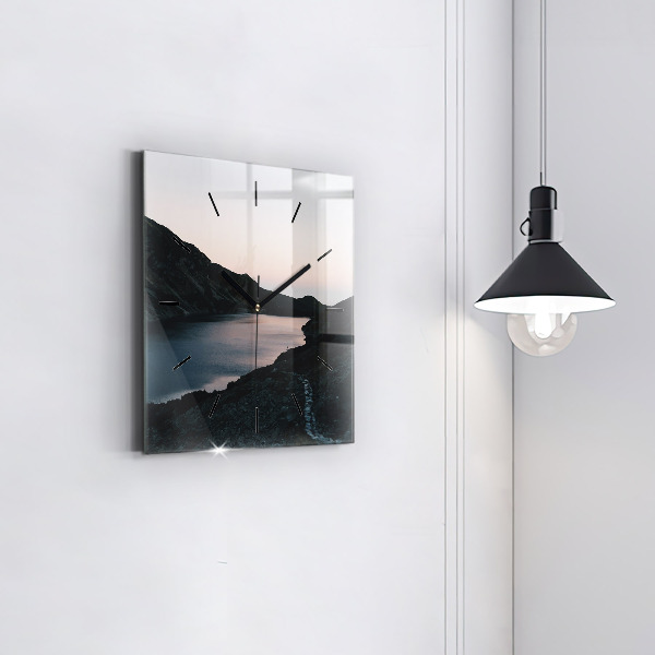 Square glass wall clock Lake and mountains