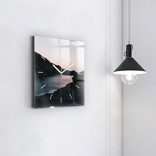 Square glass wall clock Lake and mountains